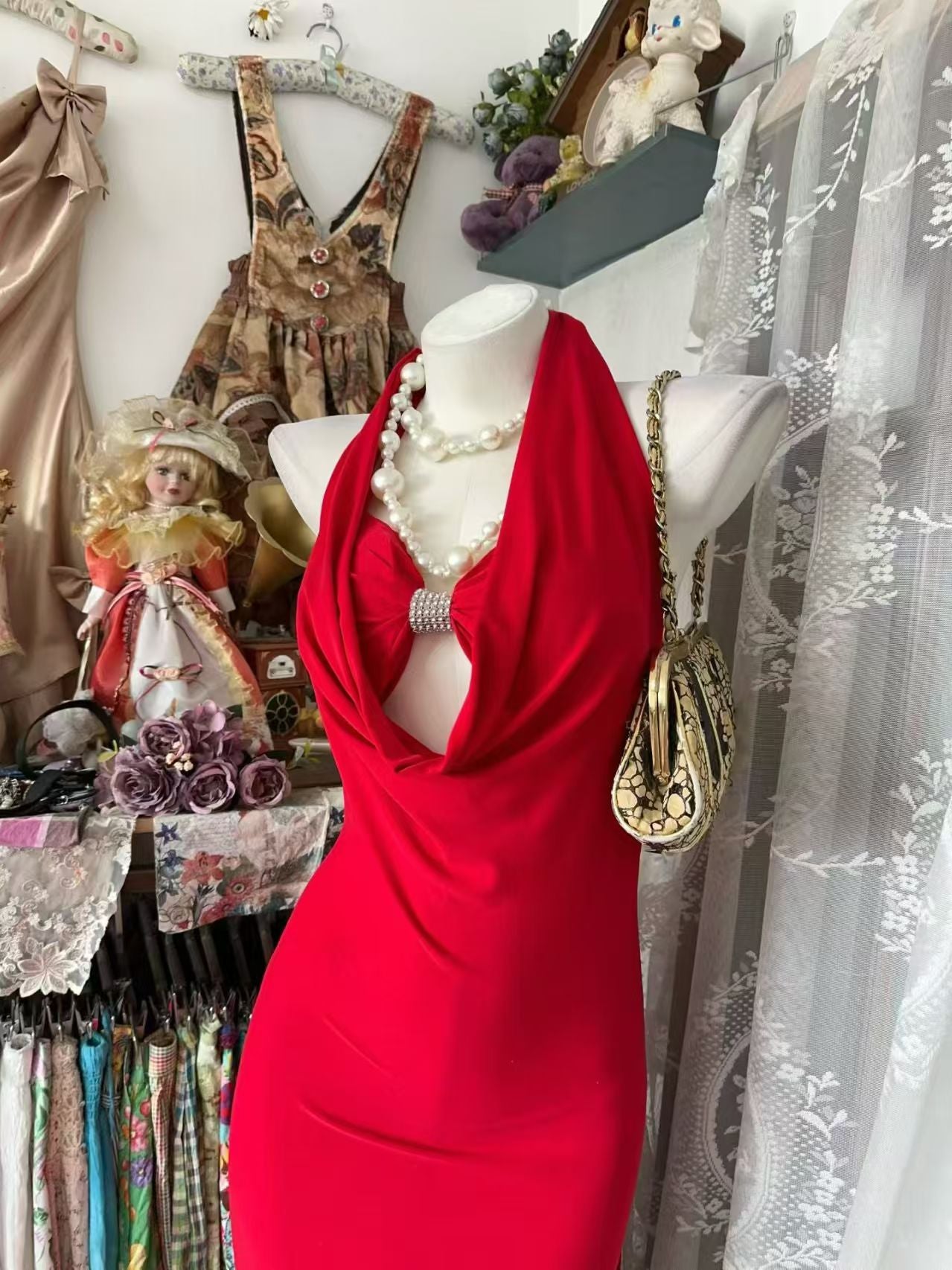 Halter Mermaid Red Prom Dress Lace Birthday Dress J10863