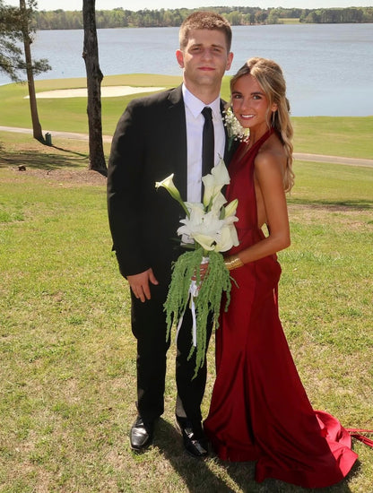 Halter Mermaid Satin Prom Dress Mermaid Burgundy Evening Dress  J10046