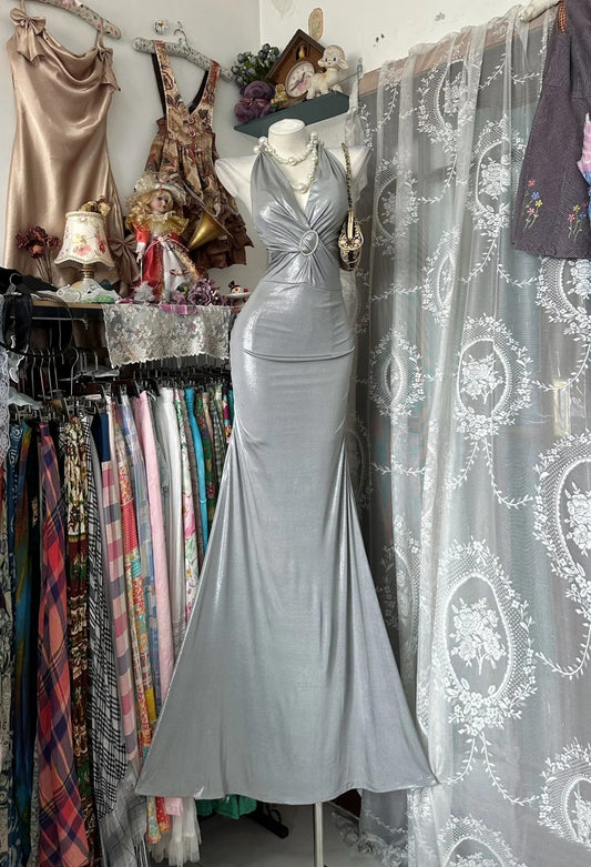 Halter Mermaid Silver Prom Dress Formal Evening Dress  J10398