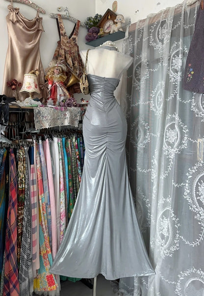 Halter Mermaid Silver Prom Dress Formal Evening Dress  J10398