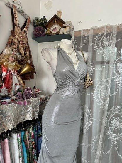 Halter Mermaid Silver Prom Dress Formal Evening Dress  J10398