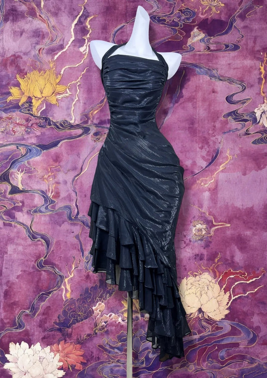 Halter Navy Blue Ruffled Homecoming Dress Retro Cocktail Dress  J10888