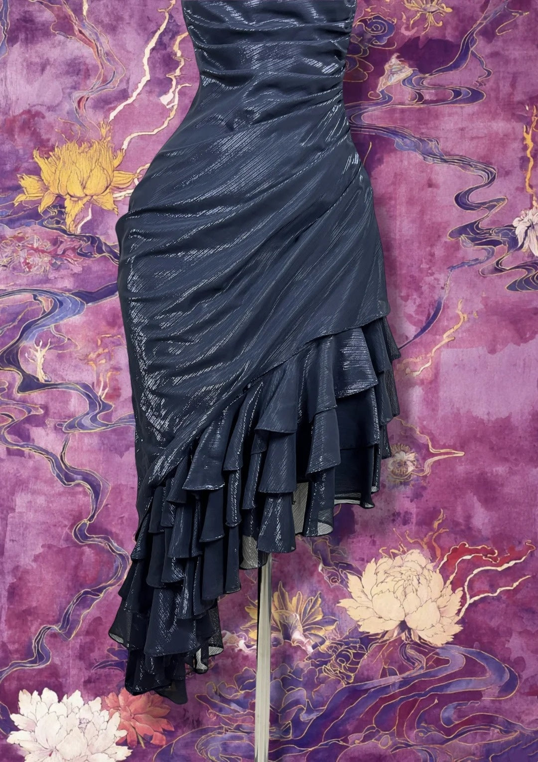 Trägerloses silbernes Vintage-Abendkleid, A-Linie, Geburtstagskleid J9370
