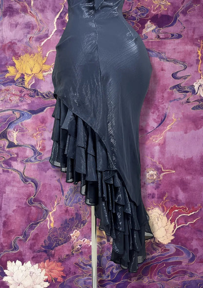 Trägerloses silbernes Vintage-Abendkleid, A-Linie, Geburtstagskleid J9370