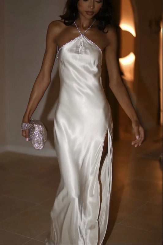 Trägerloses silbernes Vintage-Abendkleid, A-Linie, Geburtstagskleid J9370