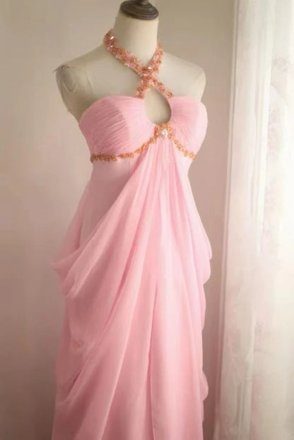 Halter Pink Chiffon Formal Prom Dress Beaded Evening Gown  J10808