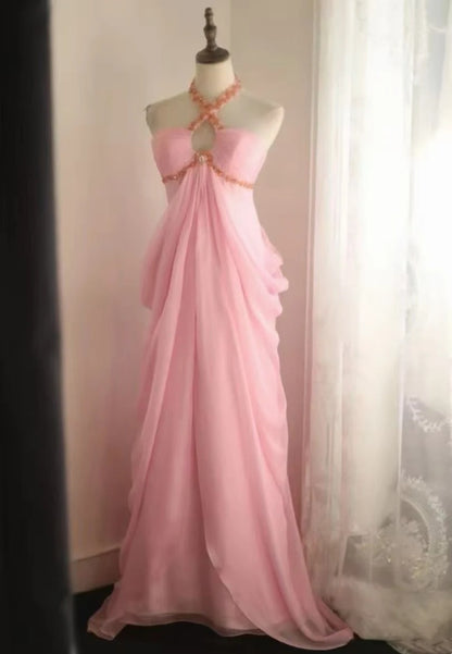 Halter Pink Chiffon Formal Prom Dress Beaded Evening Gown  J10808