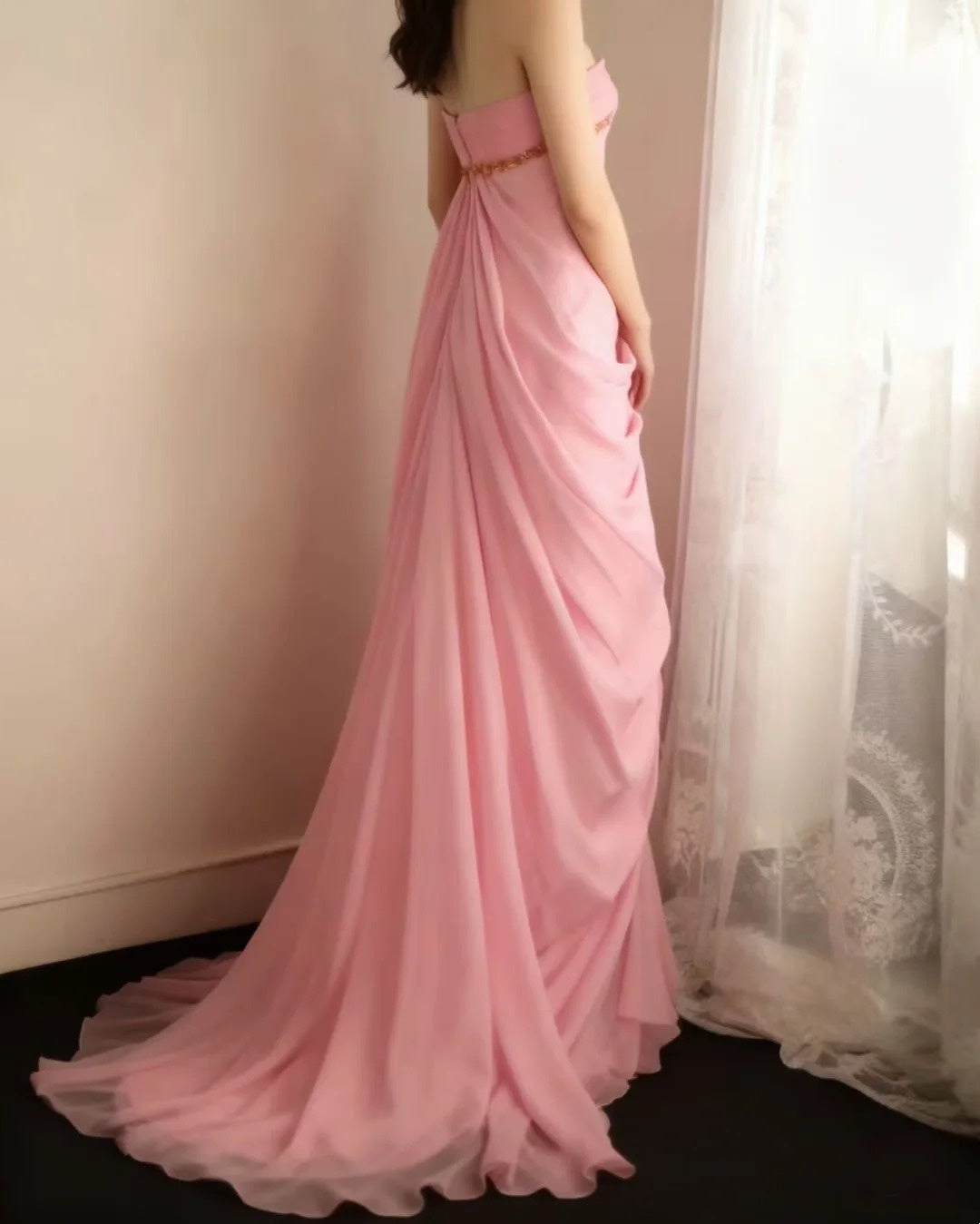 Halter Pink Chiffon Formal Prom Dress Beaded Evening Gown  J10808
