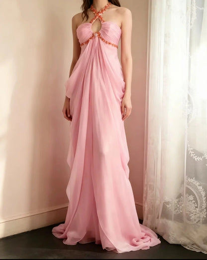 Halter Pink Chiffon Formal Prom Dress Beaded Evening Gown  J10808