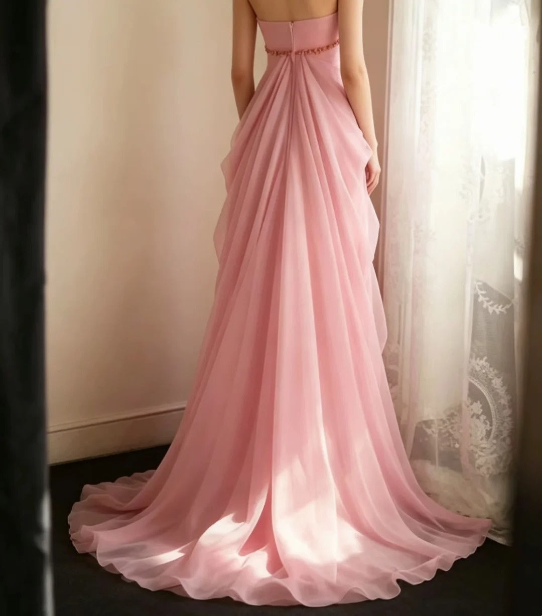 Halter Pink Chiffon Formal Prom Dress Beaded Evening Gown  J10808