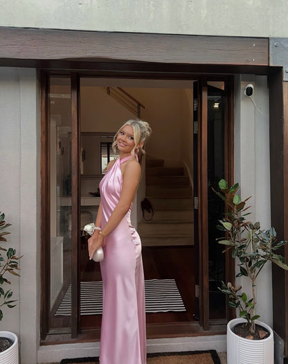 Halter Pink Satin Formal Wedding Guest Dress Evening Gowns  J11782