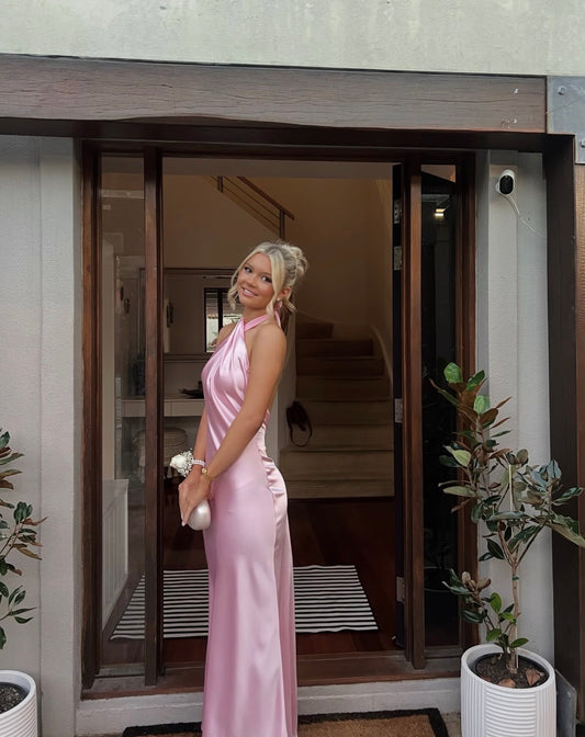Halter Pink Satin Formal Wedding Guest Dress Evening Gowns  J11782