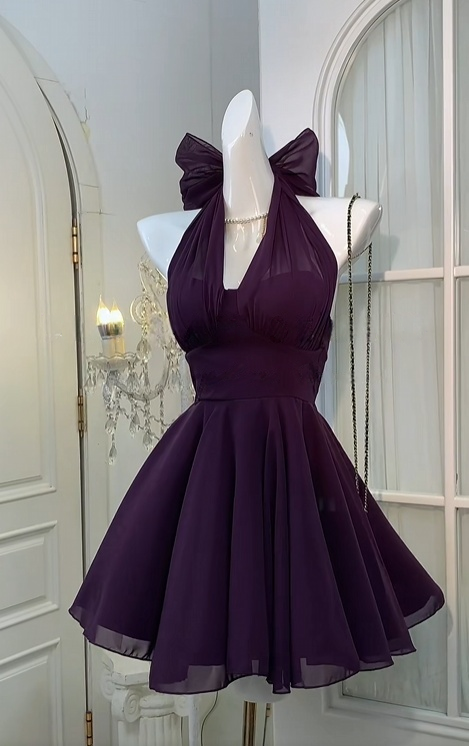 Halter Purple A Line Chiffon Homecoming Dress Short Party Dress  J10967