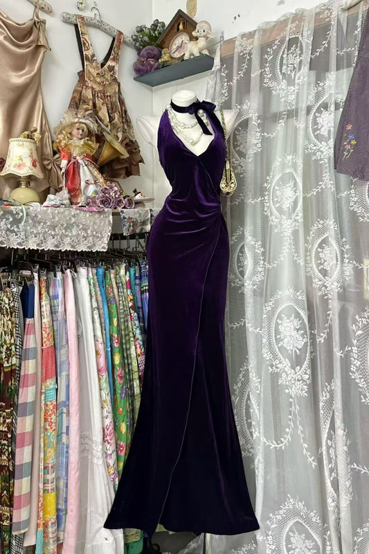 Halter Purple Velvet Prom Dress Sheath Evening Dress  J10861