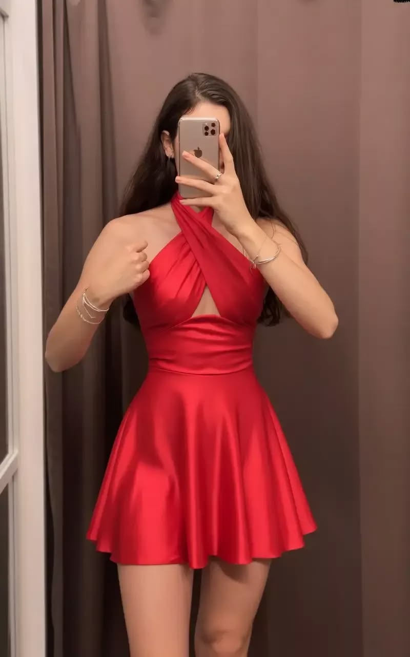 Halter Red Satin A Line Homecoming Dress Short Party Dress  J11283