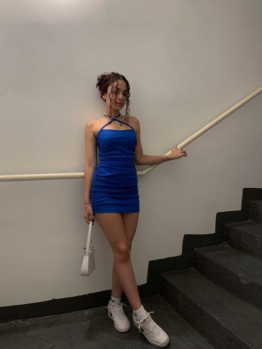 Halter Royal Blue Sheath Homecoming Dress Short Party Dress  J11100