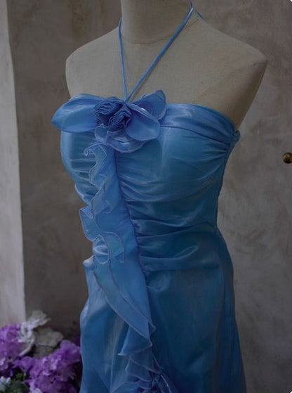 Halter Ruffled Blue Homecoming Dress Short Party Dress  J10793