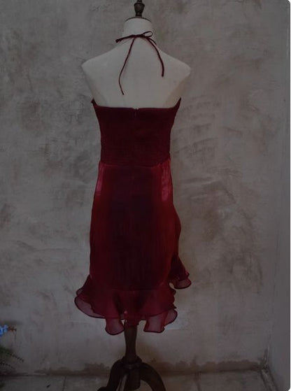 Halter Ruffled Burgundy Homecoming Dress Short Party Dress  J10794