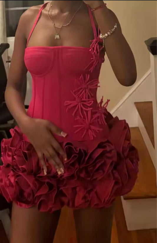 Halter Ruffled Burgundy Mini Birthday Dress Homecoming Dress  J11607