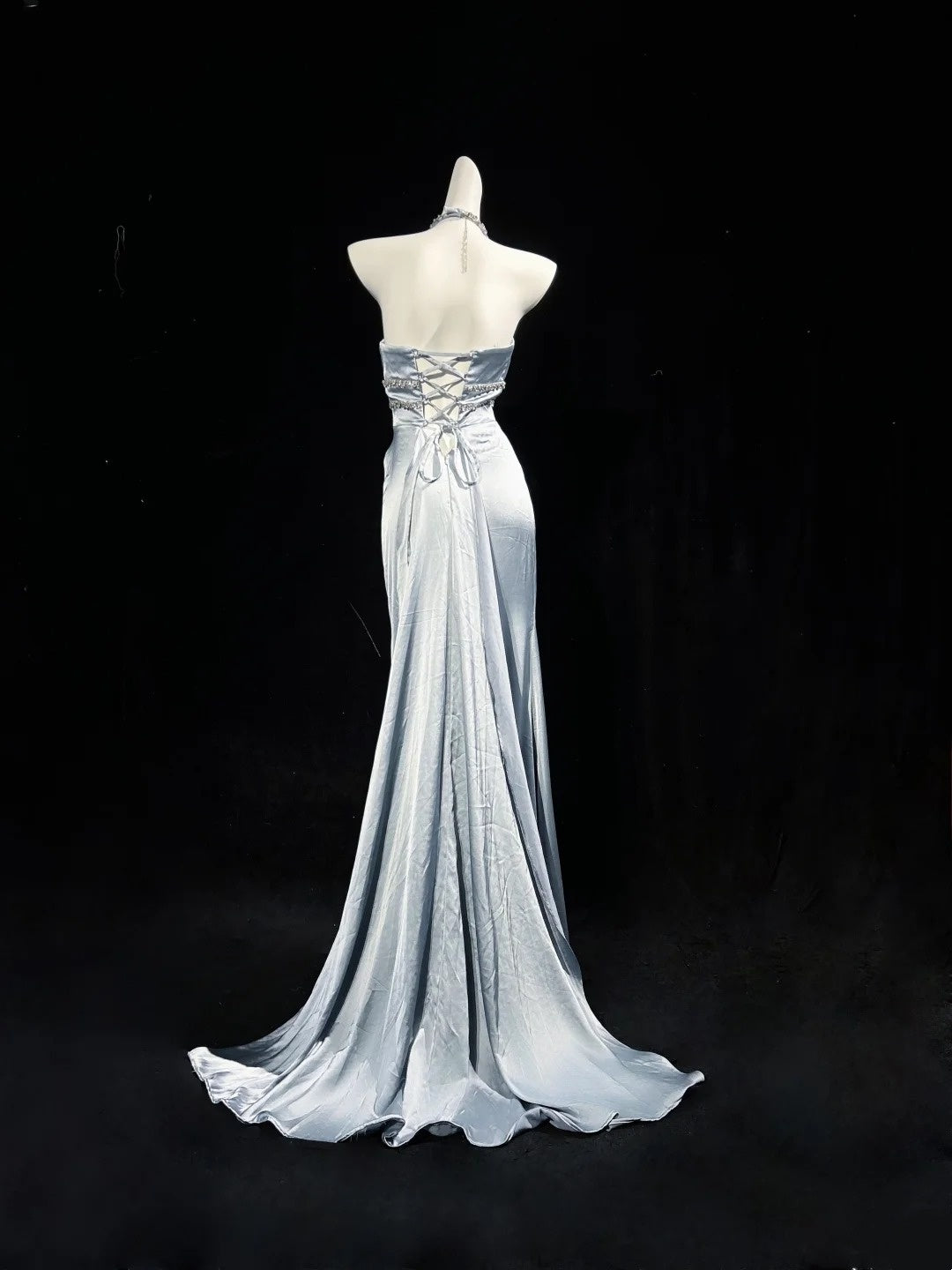 Trägerloses silbernes Vintage-Abendkleid, A-Linie, Geburtstagskleid J9370