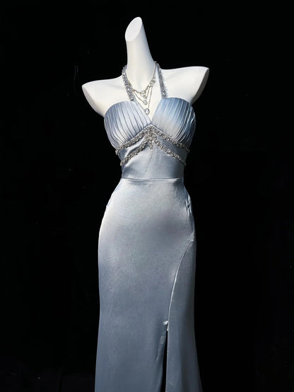 Trägerloses silbernes Vintage-Abendkleid, A-Linie, Geburtstagskleid J9370