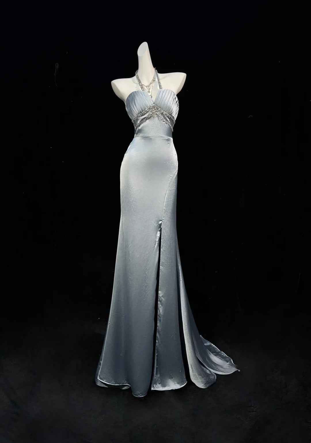 Trägerloses silbernes Vintage-Abendkleid, A-Linie, Geburtstagskleid J9370