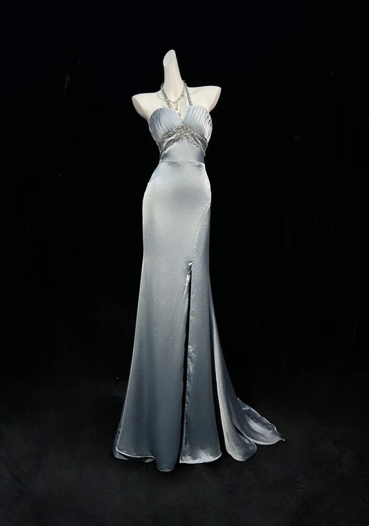 Trägerloses silbernes Vintage-Abendkleid, A-Linie, Geburtstagskleid J9370