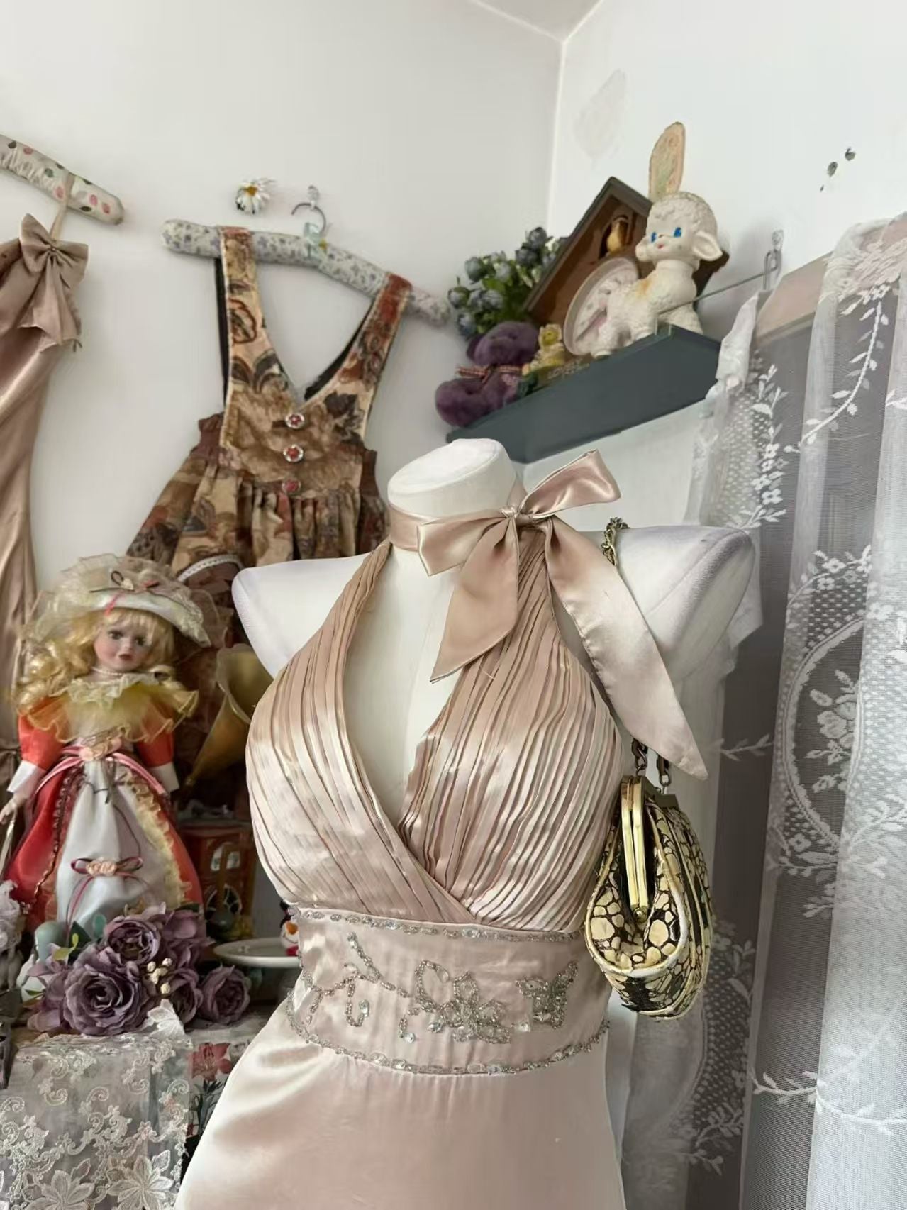 Trägerloses silbernes Vintage-Abendkleid, A-Linie, Geburtstagskleid J9370