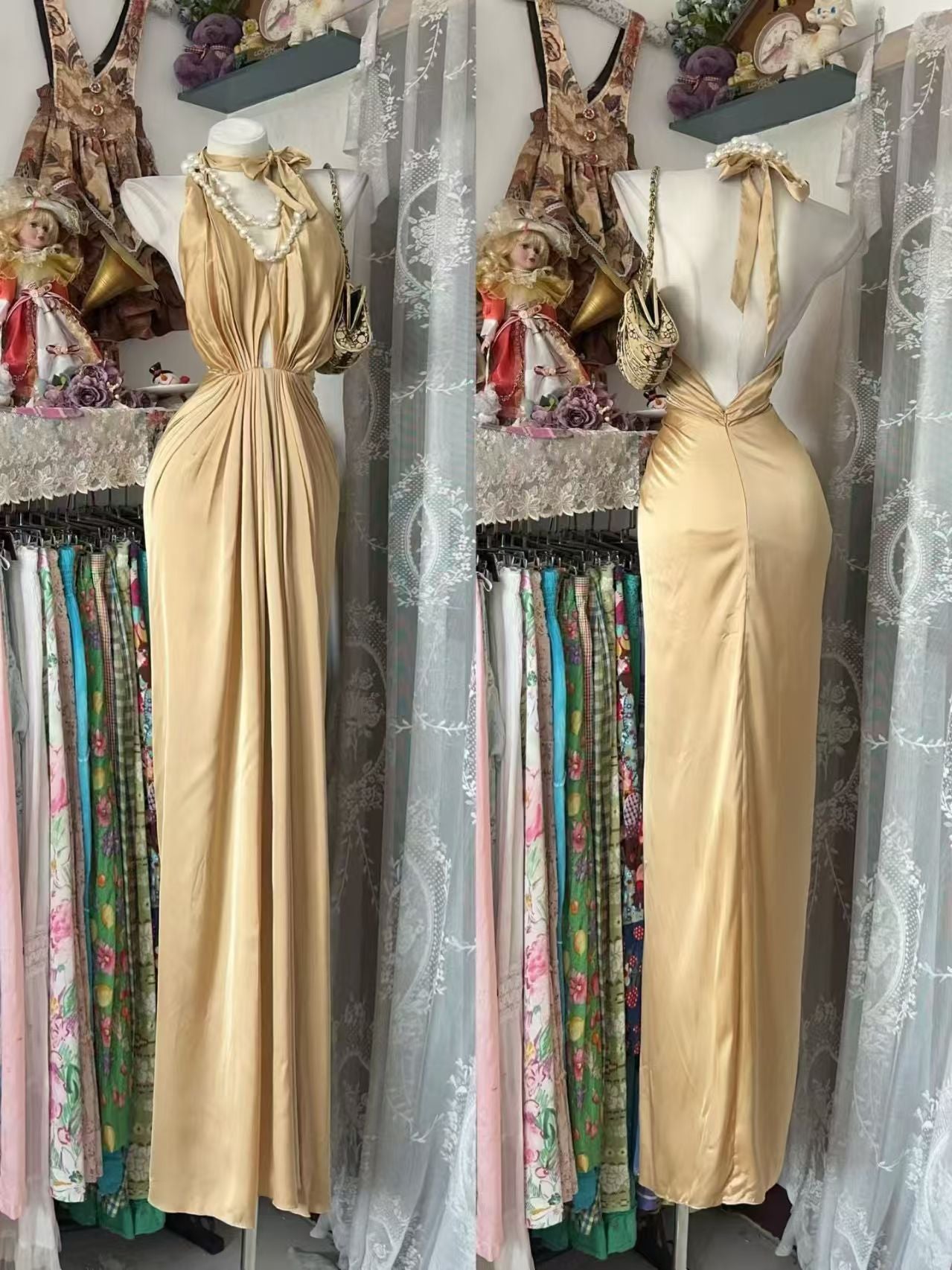 Trägerloses silbernes Vintage-Abendkleid, A-Linie, Geburtstagskleid J9370
