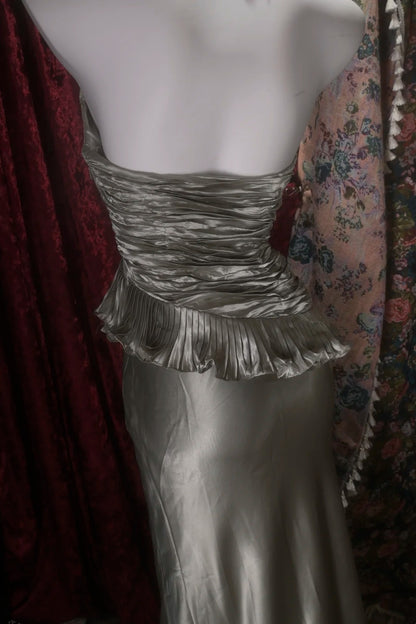 Trägerloses silbernes Vintage-Abendkleid, A-Linie, Geburtstagskleid J9370