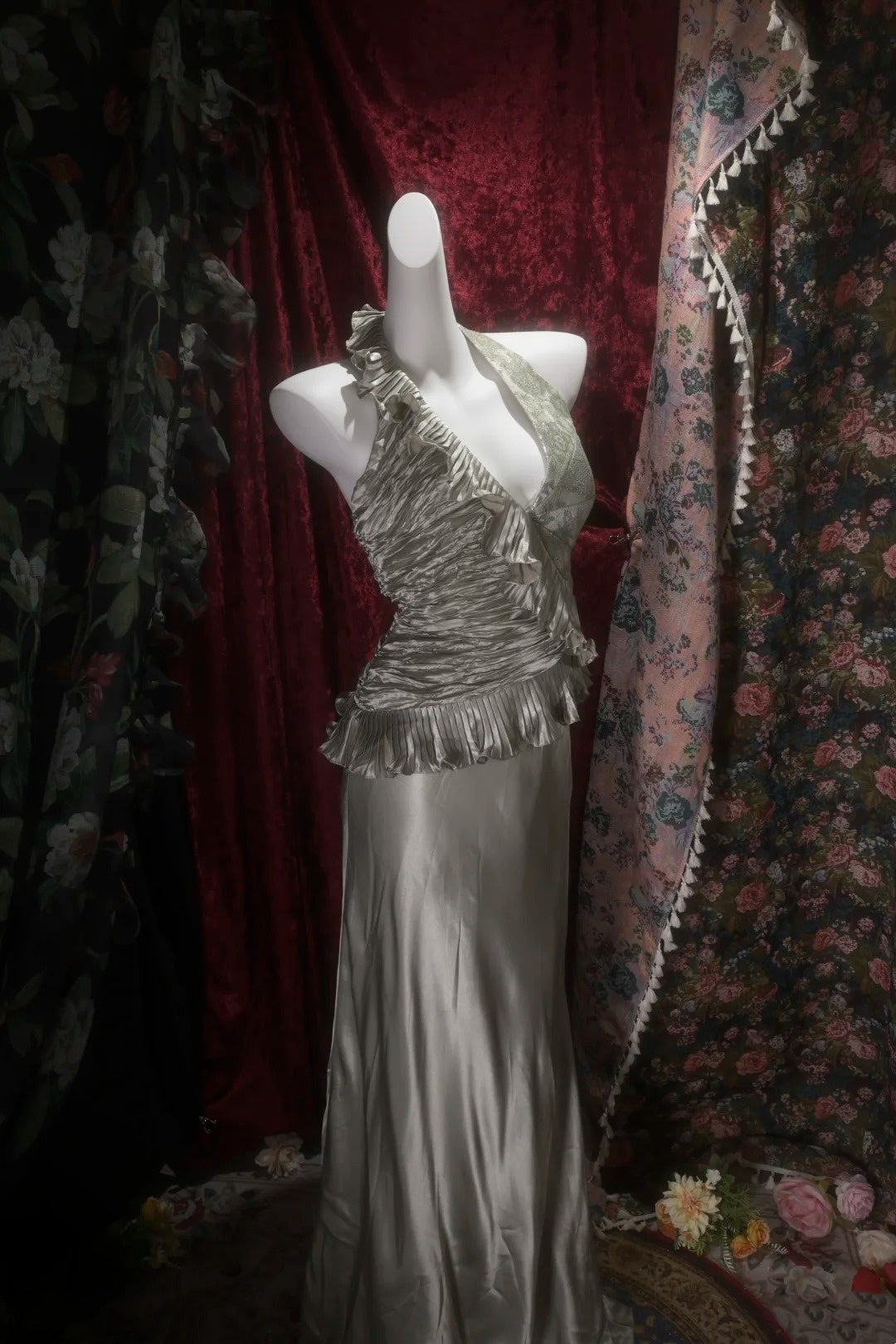 Trägerloses silbernes Vintage-Abendkleid, A-Linie, Geburtstagskleid J9370