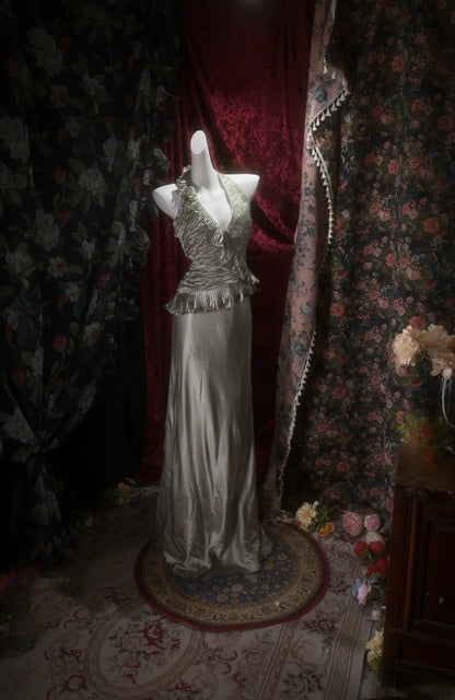 Trägerloses silbernes Vintage-Abendkleid, A-Linie, Geburtstagskleid J9370