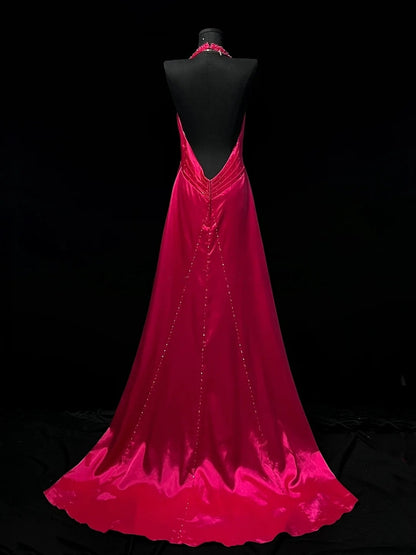 Halter V Beck Rose Pink Prom Dress Open Back Formal Evening Gown J10176
