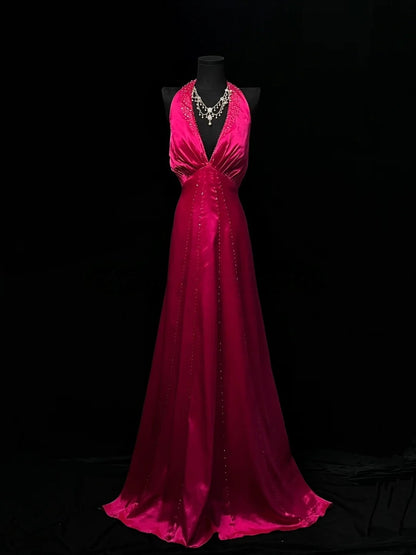 Halter V Beck Rose Pink Prom Dress Open Back Formal Evening Gown J10176