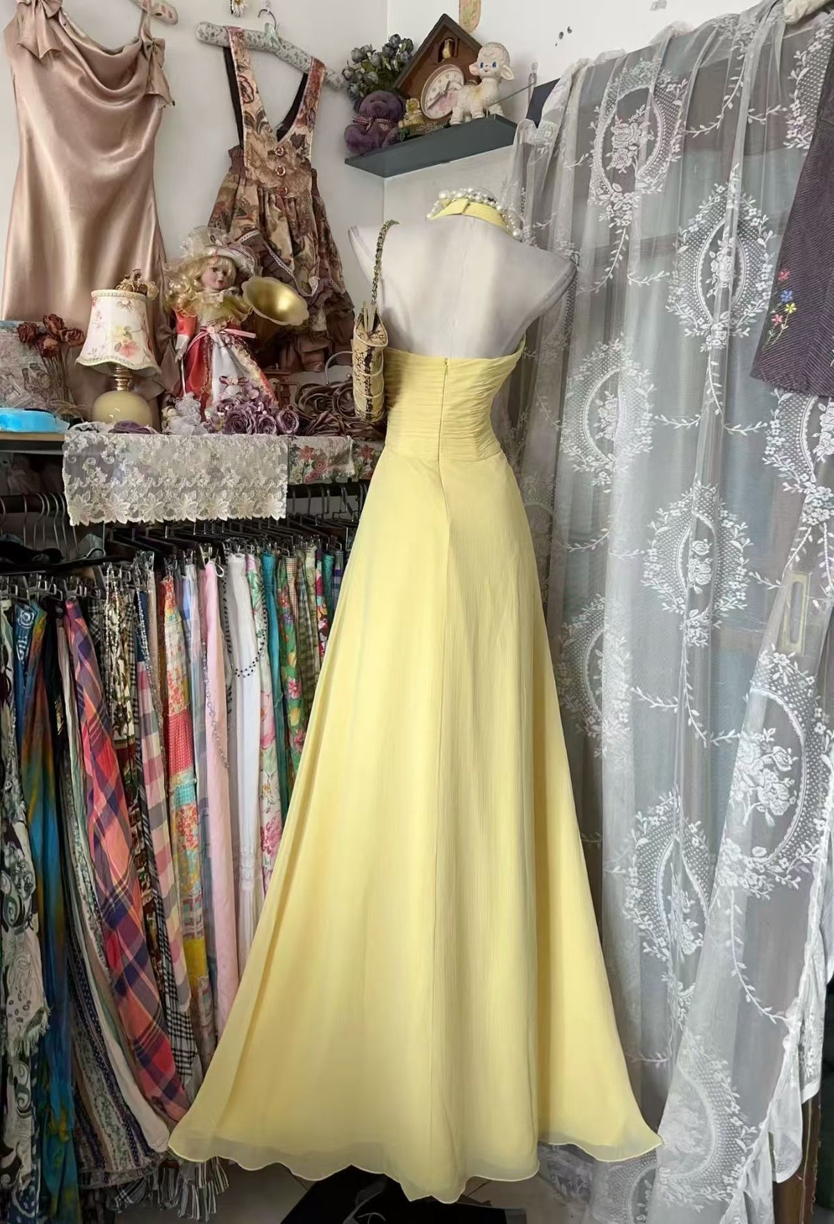 Halter V Neck A Line Wedding Guest Dress Chiffon Ruffled Prom Dress  J11860