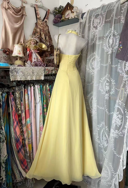 Halter V Neck A Line Wedding Guest Dress Chiffon Ruffled Prom Dress  J11860