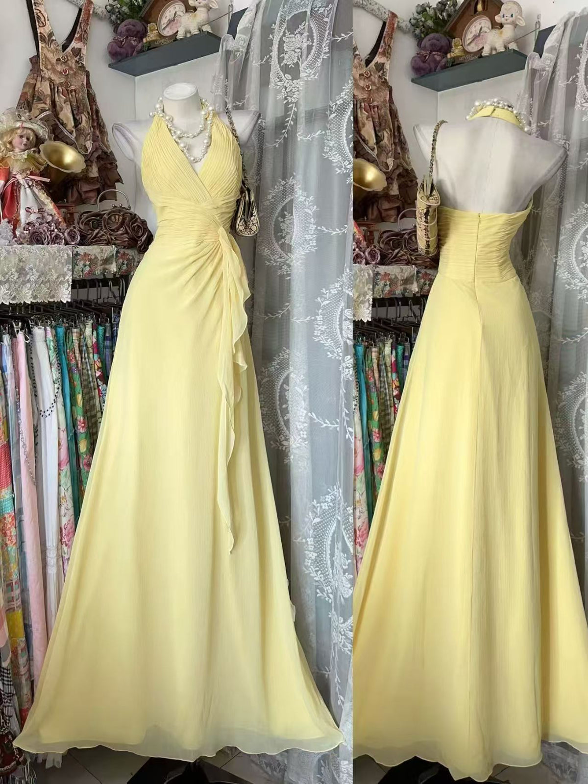 Halter V Neck A Line Wedding Guest Dress Chiffon Ruffled Prom Dress  J11860