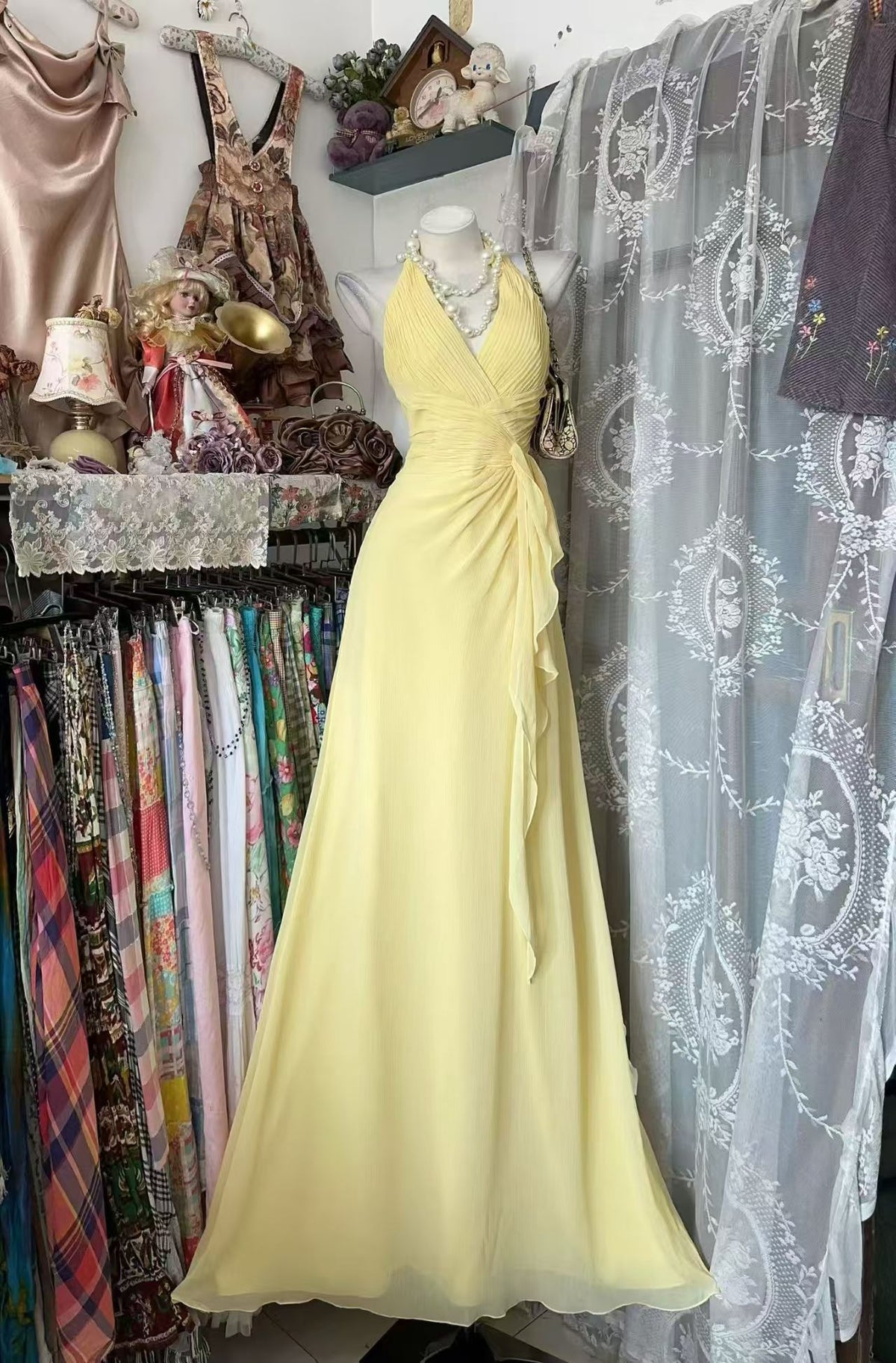 Halter V Neck A Line Wedding Guest Dress Chiffon Ruffled Prom Dress  J11860