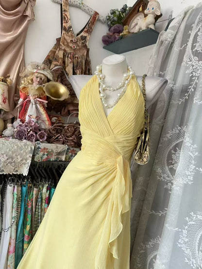 Halter V Neck A Line Wedding Guest Dress Chiffon Ruffled Prom Dress  J11860
