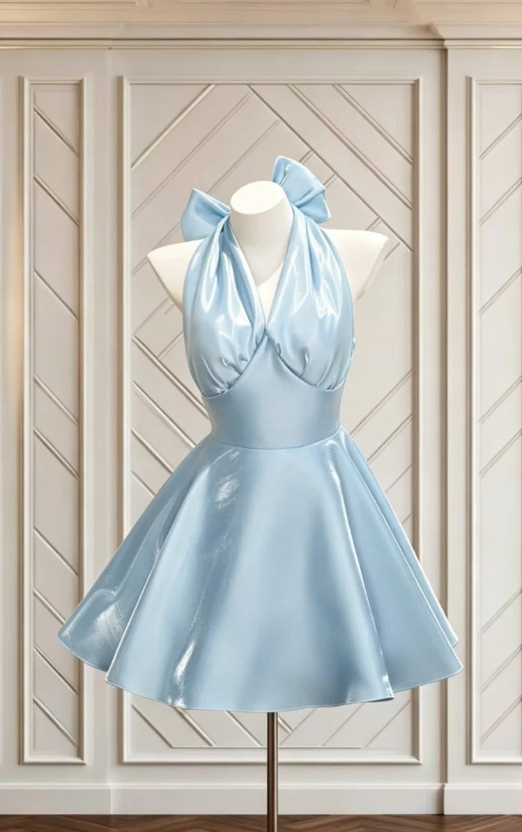 Halter V Neck Blue Homecoming Dress A Line Birthday Dress  J10587