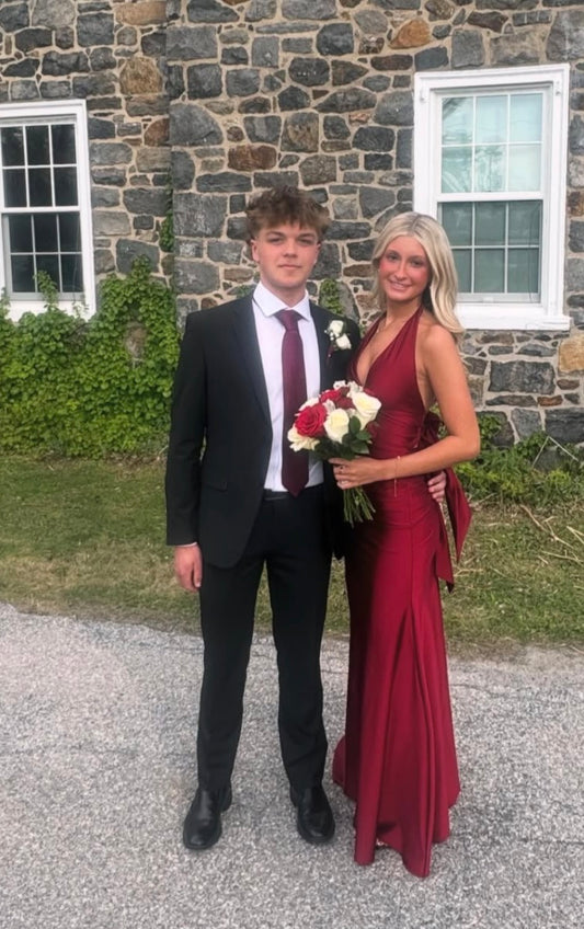 Halter V Neck Burgundy Prom Dress Satin Mermaid Evening Dress  J10436