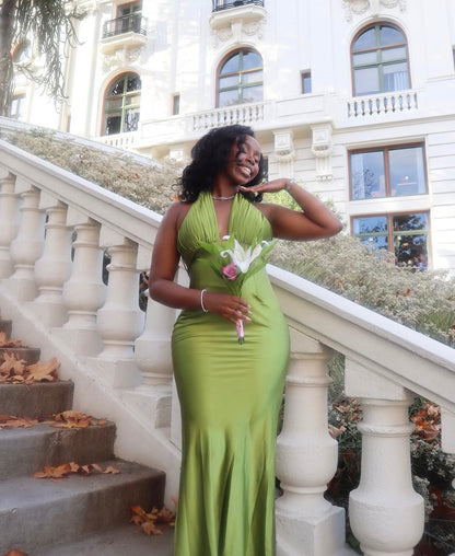 Halter V Neck Green Mermaid Prom Dress Formal Evening Gown J12192