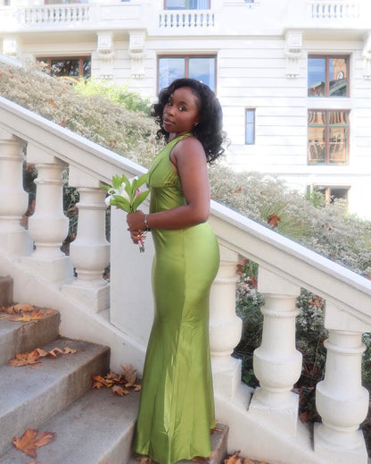 Halter V Neck Green Mermaid Prom Dress Formal Evening Gown J12192