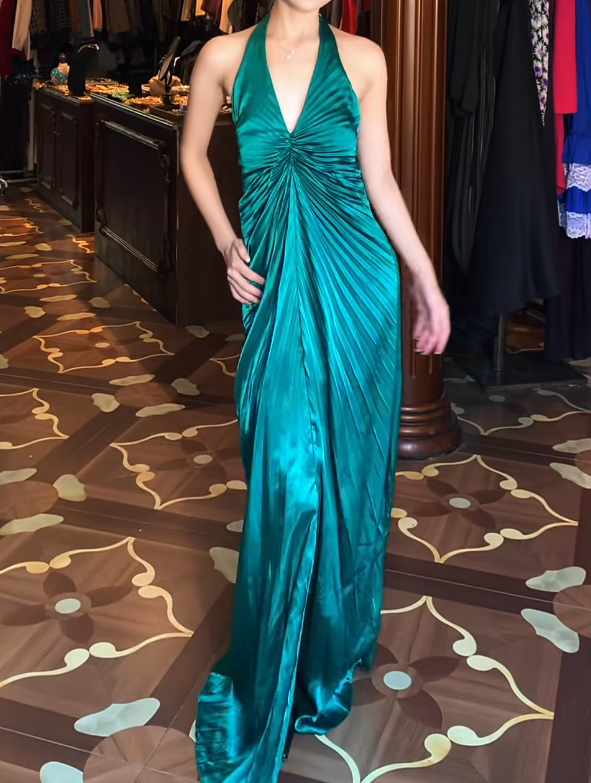 Halter V Neck Green Satin Prom Dress With Front Slit J9673