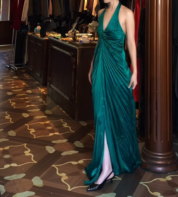 Halter V Neck Green Satin Prom Dress With Front Slit J9673