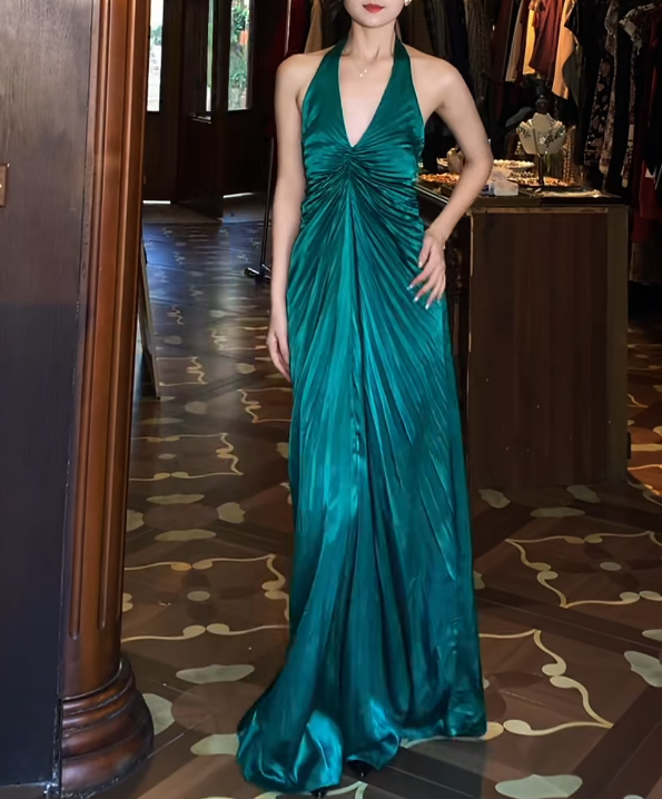 Halter V Neck Green Satin Prom Dress With Front Slit J9673