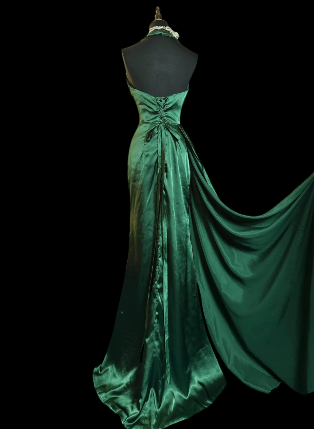 Halter V Neck Green Satin Prom Dress With Slit J9753
