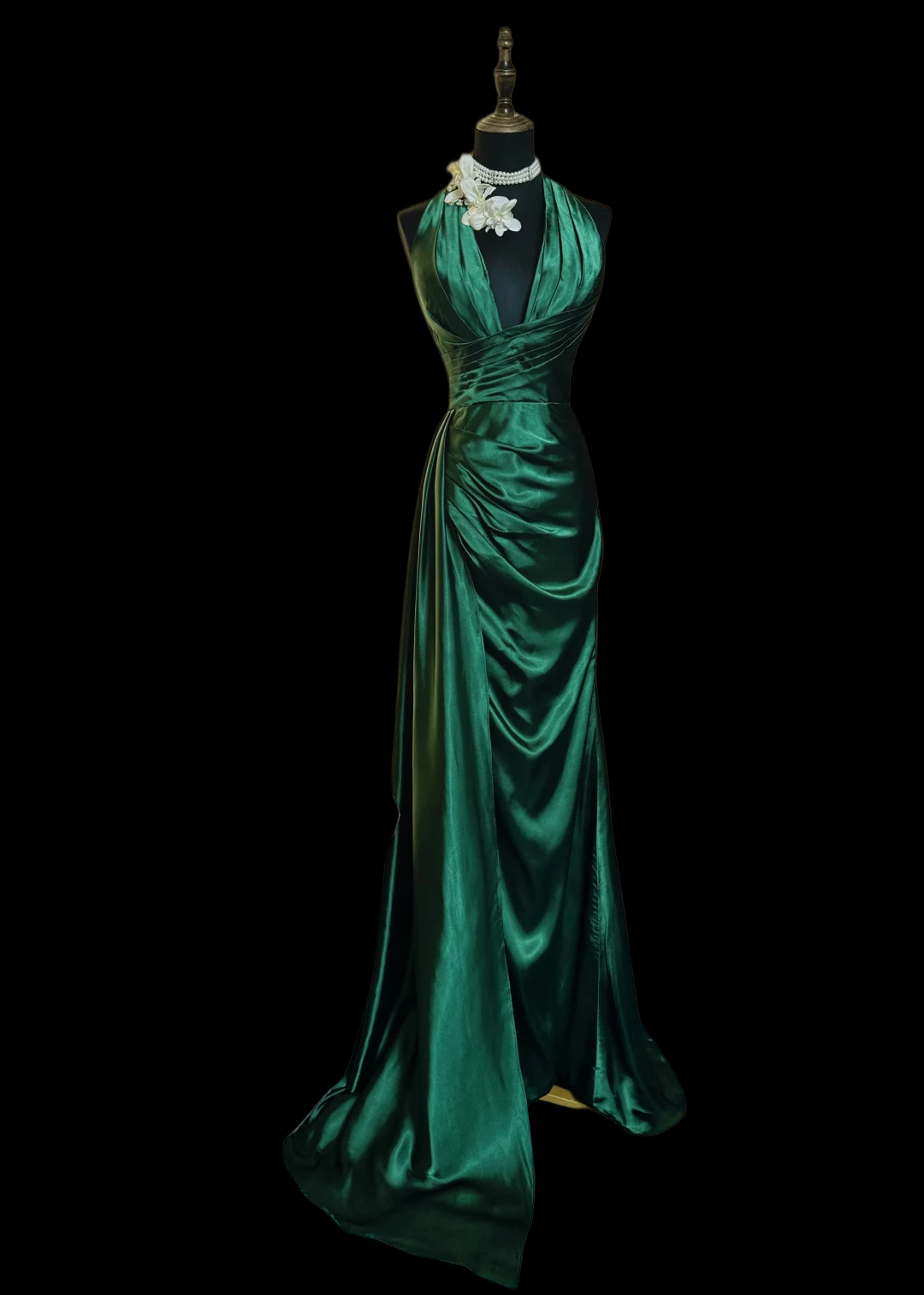 Halter V Neck Green Satin Prom Dress With Slit J9753