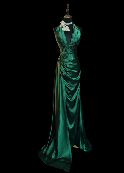 Halter V Neck Green Satin Prom Dress With Slit J9753
