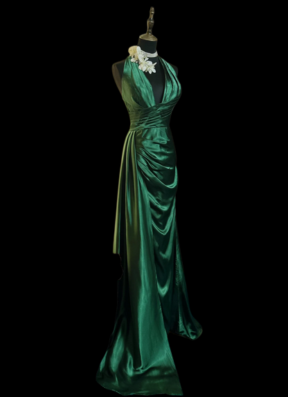 Halter V Neck Green Satin Prom Dress With Slit J9753